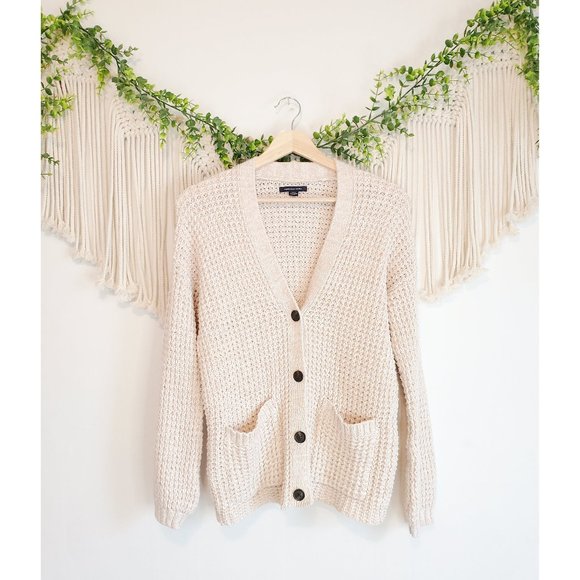 American Eagle Outfitters Sweaters - American Eagle Neutral Cream Button Front Knit V Neck Sweater, Size Small